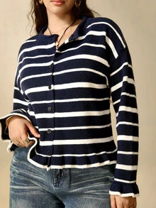 Nubod Plus Size Knitted Crew Neck Colorblock Button Rolled Hem Long Sleeve Sweater Casual Comfortable - Multicolor - View 5