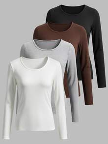 SHEIN LUNE Autumn New Women's T-Shirt, Long Sleeve Crew Neck Base Layer T-Shirt, Office, Commute, Daily Versatile Style - Multicolor - View 5