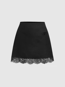 Sweetra New Lace Patchwork Blazer Style Elegant High Waist Slimming A-Line Mini Skirt - Black - View 6