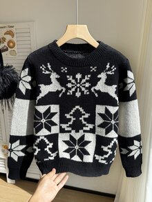 1pc Tween Girls Kids Toddler Casual Christmas Reindeer Snowflake Tree Knitted Long Sleeve Soft Thick Sweaters Pull Jumpers Fall Tops Holiday Fall Winter - Black - View 6