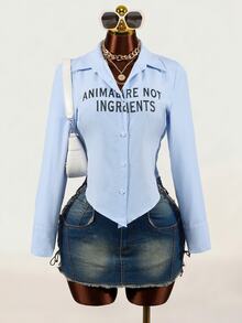 Mistrie Women's Striped Letter Print Long Sleeve Slim Fit Shirt - Blue and White - View 6