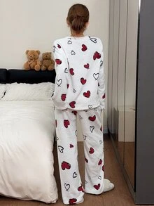 Napfluff Women's Autumn/Winter Plush Heart Print Crew Neck Long Sleeve Long Pants Pajama Set - White - View 2