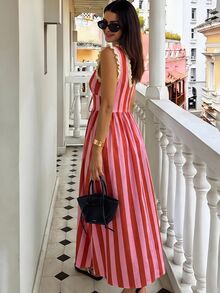 Vivid Eden Women's Frill Trim Deep V-Neck Front Tie Casual Boho Retro Tropical Romantic Sleeveless Midi Dress Brunch Party Vacation Rust Brown Summer - Pink - View 2