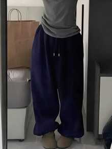 SHEIN 女款純色抽繩腰鬆弛休閒百搭運動長褲 - 藍色 - 查看 1