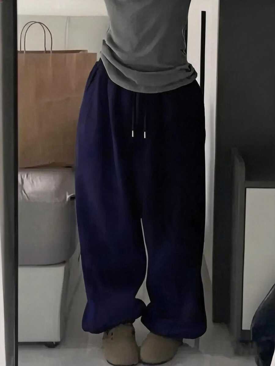 SHEIN 女款純色抽繩腰鬆弛休閒百搭運動長褲 - 藍色 - 查看 1