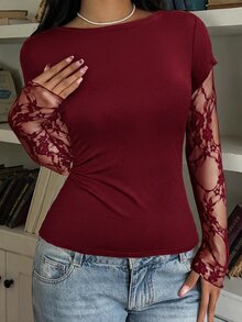 SHEIN EZwear 女款休閒黑色針織蕾絲拼接二合一長袖上衣，夏季 - 酒紅色 - 查看 3