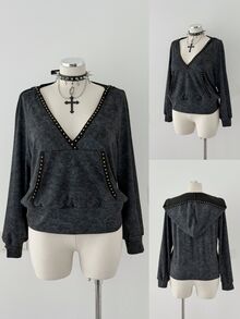 Sunspun Plus Size Women's Casual Cinched Waist Hooded T-Shirt, Distressed Patchwork Rivet Webbing Long Sleeve Tee - Black - View 6
