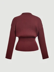 SHEIN MOD Plus Size Women's Long Sleeve Metal Single Button Casual Knit Cardigan - Brown - View 2