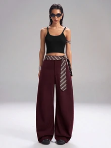 LYSMO 女款休閒酒紅色寬鬆彎腿秋冬西裝長褲，附條紋腰帶 - 酒紅色 - 查看 5