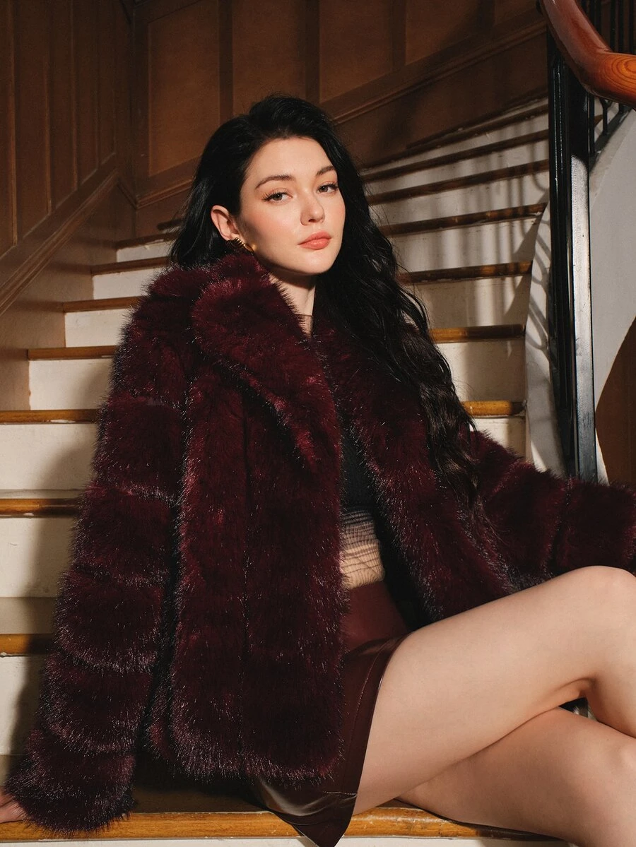 Anewsta 秋冬新款優雅女士人造狐狸毛大衣 時尚毛裏女款毛絨外套 - 酒紅色 - 查看 1