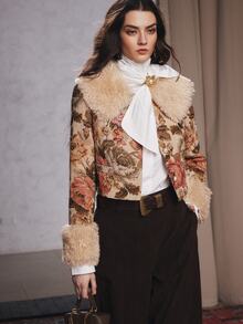 Anewsta Floral Print Casual Women's Jacket, Autumn/Winter Fashion Design Outerwear - Apricot - View 5