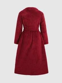 SHEIN 青少年女孩簡約刺繡毛絨保暖內裡加厚休閒家居服 - 酒紅色 - 查看 3