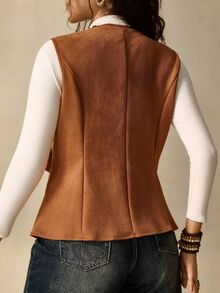 Nubod Plus Size Brown Suede Printed Lapel Sleeveless Bohemian Nomad Style Elegant Country Vest Jacket - Brown - View 5