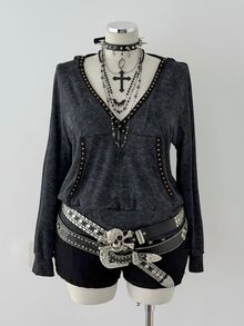 Sunspun Plus Size Women's Casual Cinched Waist Hooded T-Shirt, Distressed Patchwork Rivet Webbing Long Sleeve Tee - Black - View 8