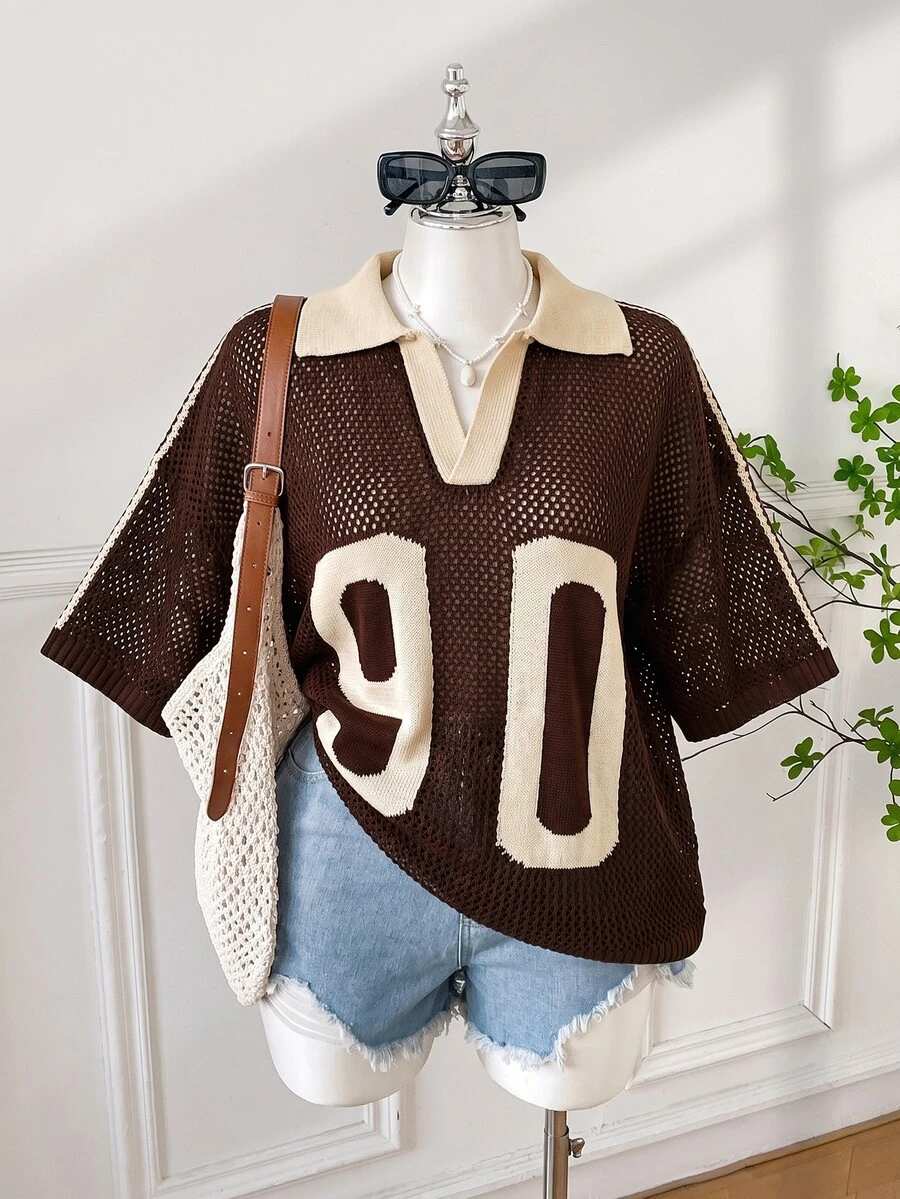SHEIN EZwear 大尺碼女款數位圖案鏤空短袖寬鬆針織衫 - 棕色 - 查看 1
