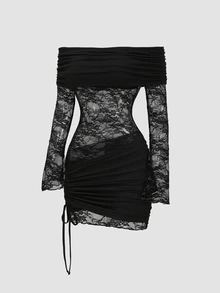 Sweetra Y2K Sexy Off-Shoulder Lace Patchwork Pleated Elegant Party Commute Versatile Dress - Black - View 1
