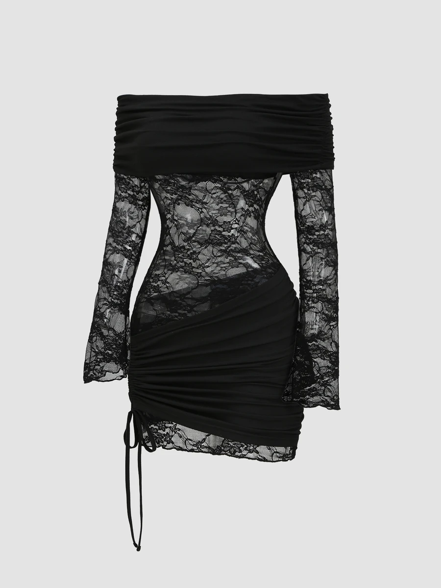 Sweetra Y2K Sexy Off-Shoulder Lace Patchwork Pleated Elegant Party Commute Versatile Dress - Black - View 1