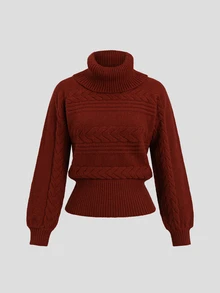 Dulcita Women's Cable Knit Turtleneck Long Sleeve Casual Versatile Sweater - Red - View 1