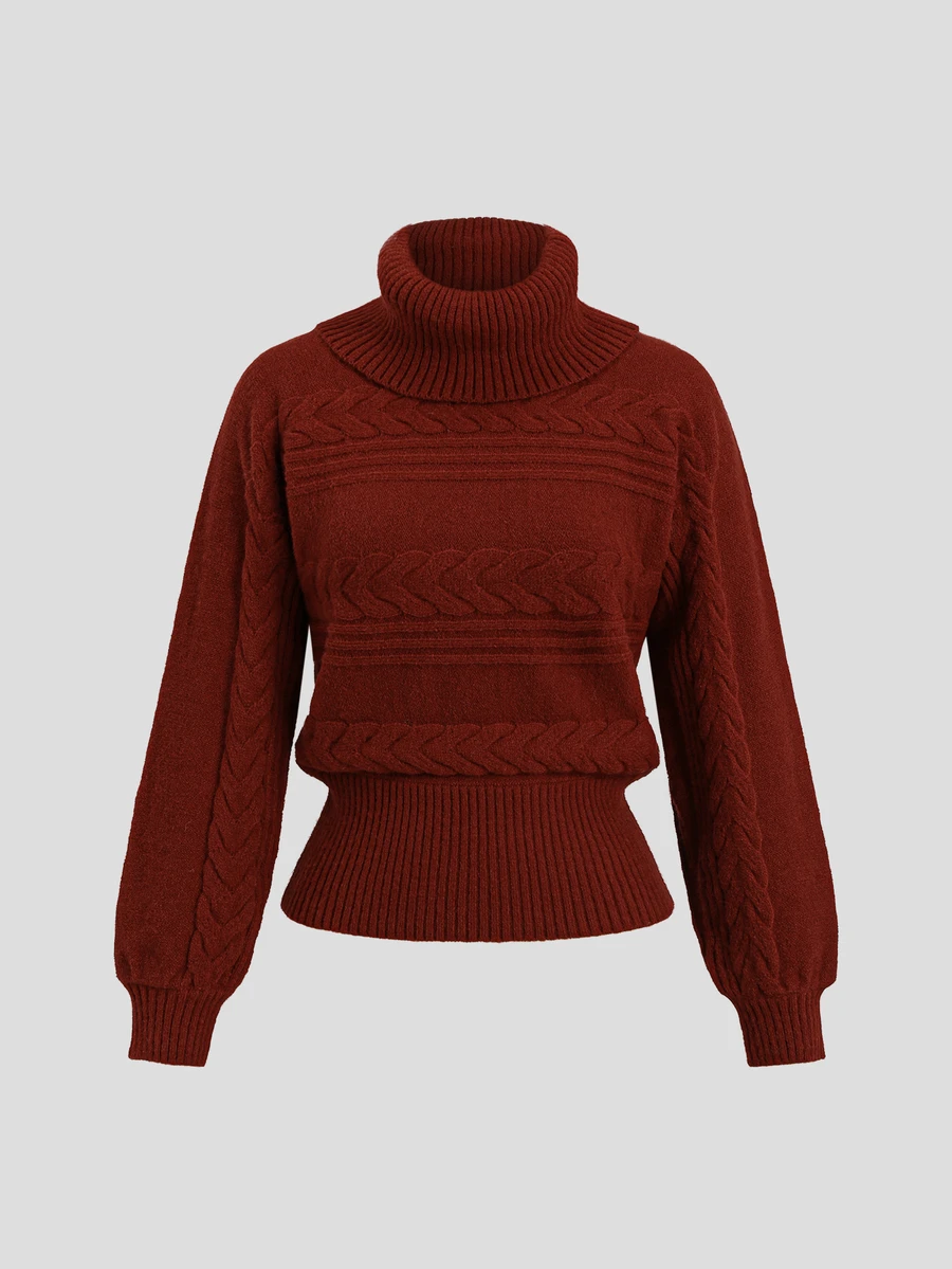 Dulcita Women's Cable Knit Turtleneck Long Sleeve Casual Versatile Sweater - Red - View 1