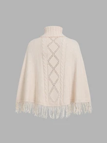 FavEase Women's Gentle High Neck Tassel Hem Knit Top - Apricot - View 1