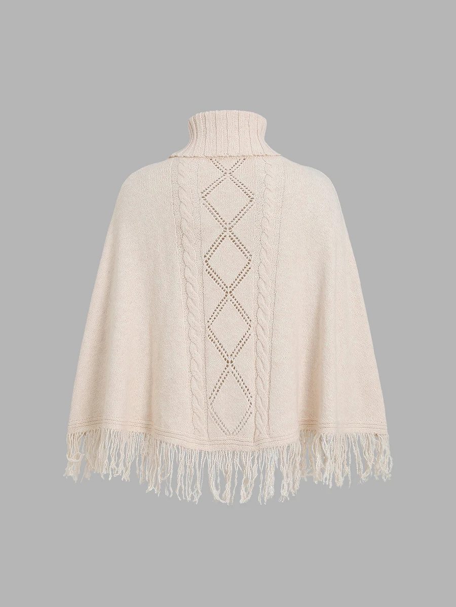 FavEase Women's Gentle High Neck Tassel Hem Knit Top - Apricot - View 1