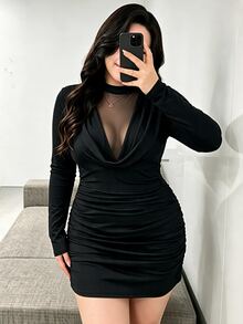 Vibekara Đầm bodycon size lớn phối lưới patchwork màu trơn, dáng ôm tôn dáng, phong cách thường ngày, mới cho xuân/thu - màu đen - Xem 3