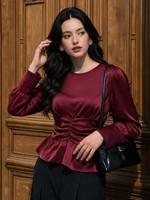 Graceveil Women's Solid Color Pleated Casual Versatile Everyday Blouse - Burgundy - View 5
