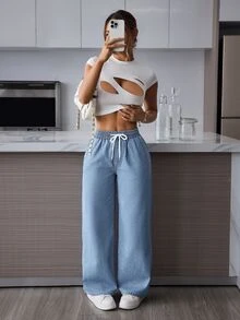 SHEIN PETITE 女款抽繩腰口袋寬腿寬鬆休閒牛仔褲 - 藍色 - 查看 5