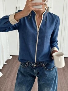 Louniche Women's New Chinese Style Stand Collar Contrast Trim Minimalist Commuter Design Blouse - Navy Blue - View 5