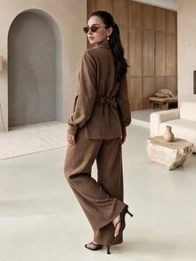 Mulvari Women's Striped Long Sleeve Blouse With Metal Waist Decoration And Pants Elegant Two Pieces Set - Coffee Brown - View 3