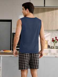 CoupledUp FRIENDS X SHEIN Men's American Vintage Letter Print Tank Top And Plaid Shorts Pajama Set - Blue - View 4