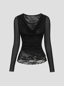 Sweetra Women's Black Casual Minimalist Commute Versatile Cowl Neck 2 In 1 Lace Patchwork Long Sleeve Top - Black - View 5