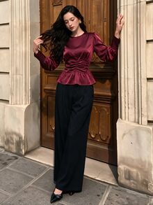 Graceveil Women's Solid Color Pleated Casual Versatile Everyday Blouse - Burgundy - View 3