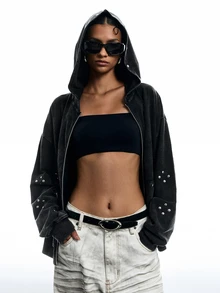 LYSMO Women's Solid Color Drop Shoulder Long Sleeve Zip-Up Casual Pocket Hooded Sweatshirt - Black - View 9