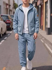 SHEIN 2pcs Kids Tween Boy Hooded Jacket And Jogger Pants Set, Casual Sports Style, Suitable For Autumn/Winter - Baby Blue - View 4