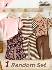 (1 Random Set) Baby Girls Autumn Casual Cute Pink Leopard Print Letter Heart Bow Rabbit Flower Striped Short T-Shirt And Flared Pants - Multicolor - View 2