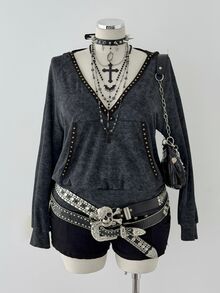 Sunspun Plus Size Women's Casual Cinched Waist Hooded T-Shirt, Distressed Patchwork Rivet Webbing Long Sleeve Tee - Black - View 5
