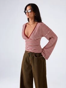 LYSMO Women's Casual Comfortable Red & White Striped V-Neck Long Sleeve Top, Autumn/Winter - Red - View 6