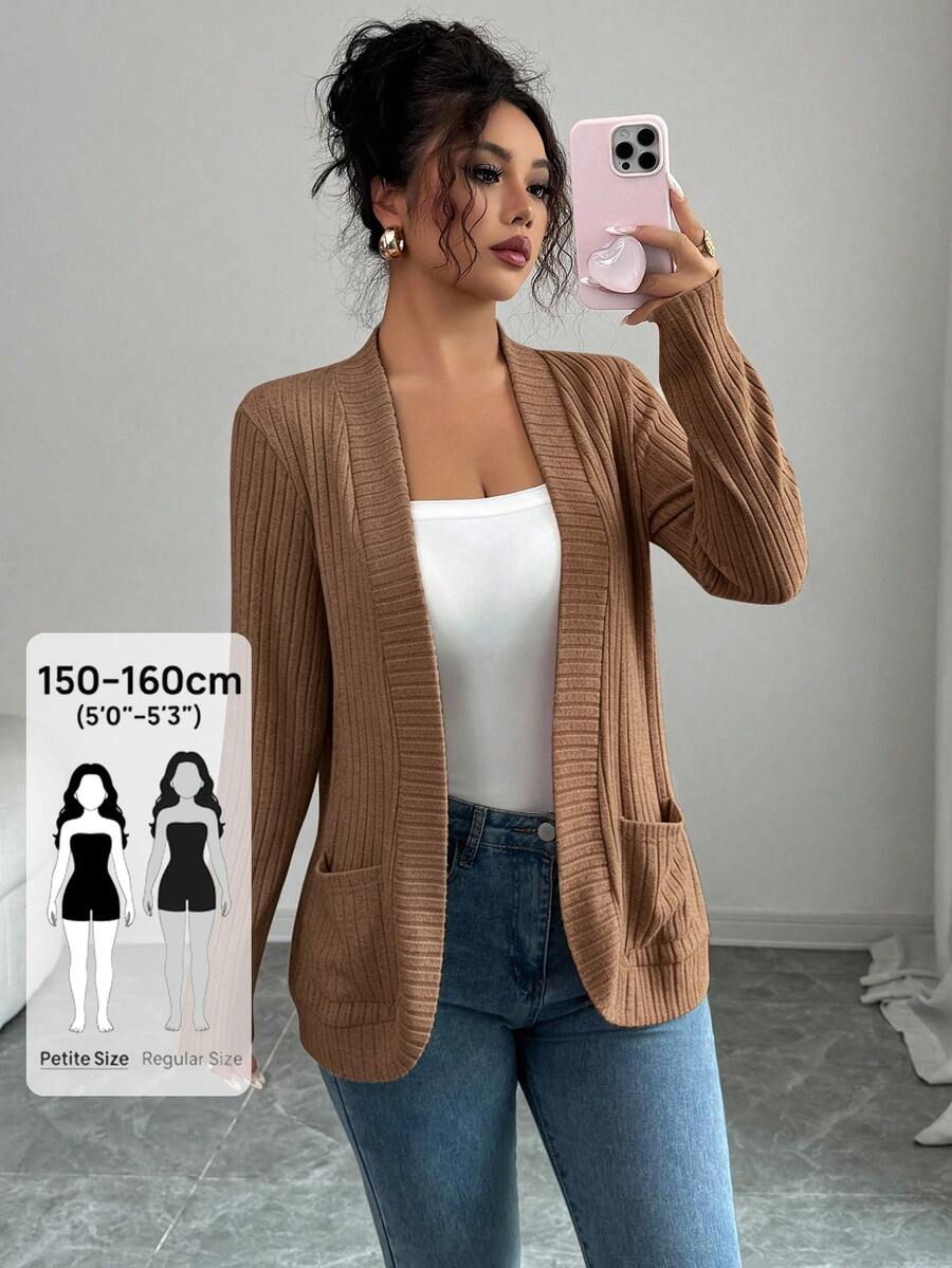 SHEIN PETITE 女款休閒羅紋刷毛開襟側口袋短版薄款夾克 - 卡其色 - 查看 1