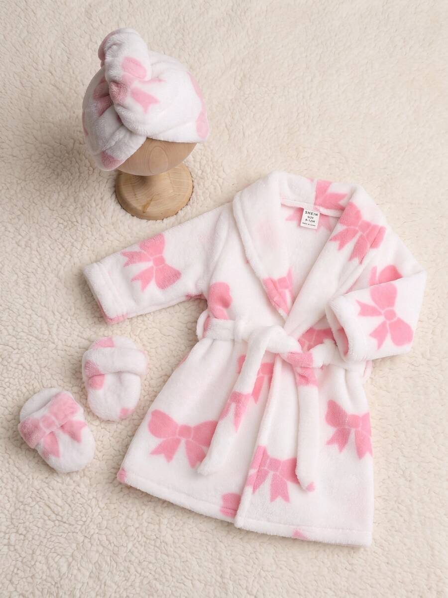 SHEIN 女嬰針織蝴蝶結圖案人造毛連帽長袖繫帶睡袍,適合冬季,粉紅色 - 彩色 - 查看 1