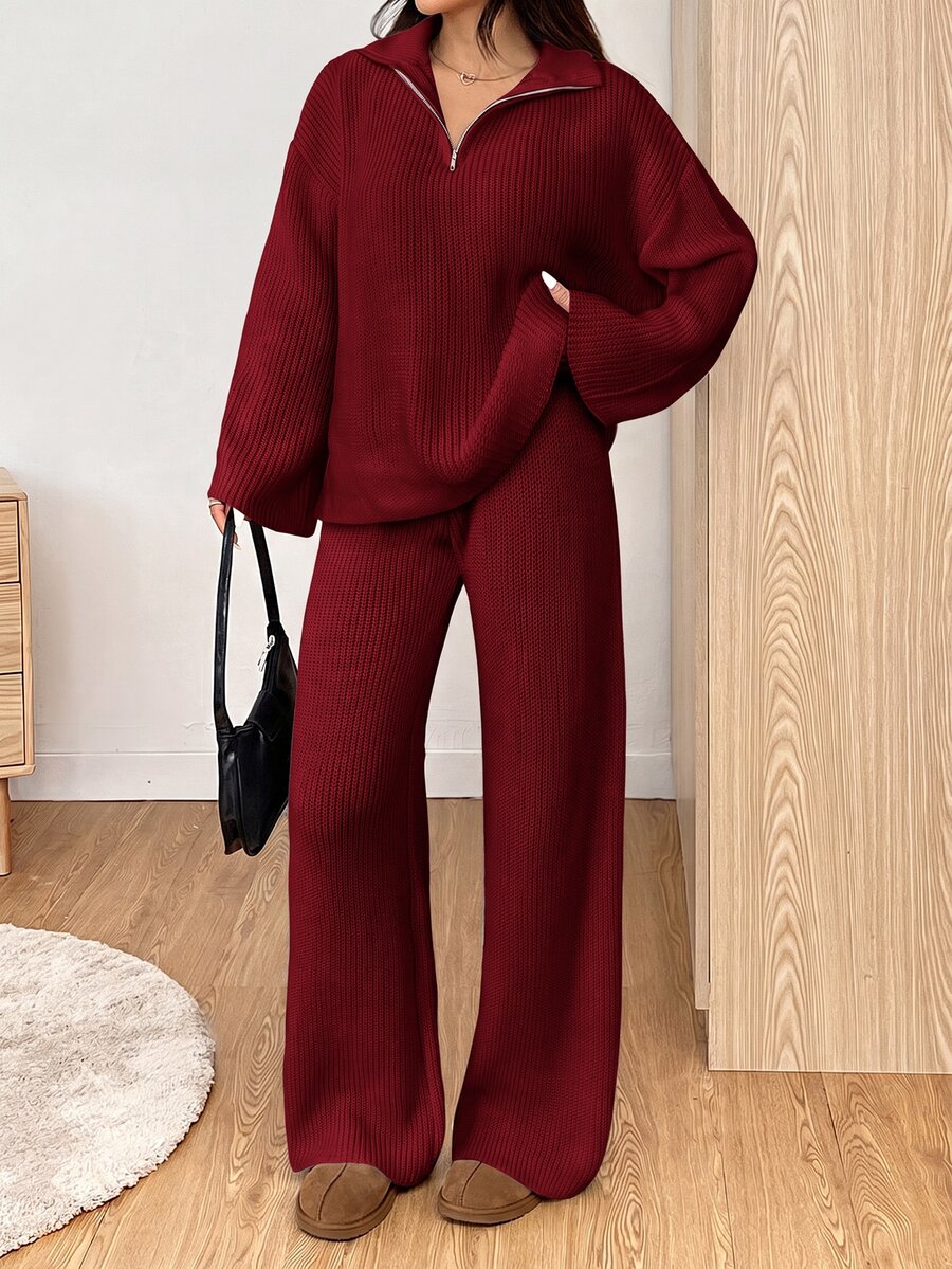 SHEIN EZwear Women's Casual Comfortable Burgundy Half-Open Cardigan Sweater & Solid Color Pants Two Pieces Set, Autumn/Winter - Burgundy - View 1