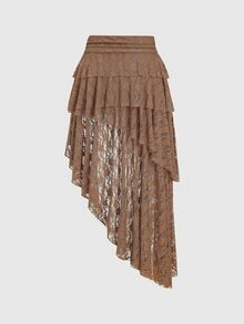 Sweetra Rok Wanita Berenda dengan Hem Asimetris - Khaki - View 2