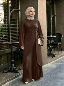 Celisse فستان طويل مطوي باللون الأخضر للنساء - بني - مشاهدة 7