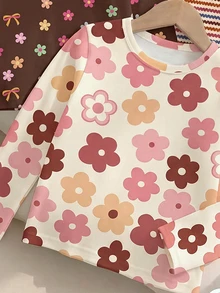 3件組女孩花卉與條紋印花長袖圓領上衣，休閒風格，適合秋冬 - 彩色 - 查看 5