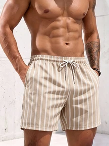 Manfinity KASUA Men's Vacation Drawstring Waist Striped Pocket Beach Shorts - Apricot - View 5