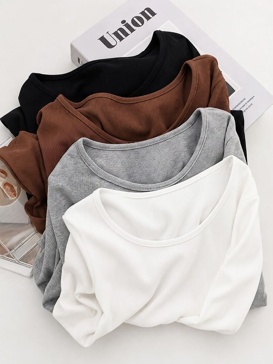 SHEIN LUNE Autumn New Women's T-Shirt, Long Sleeve Crew Neck Base Layer T-Shirt, Office, Commute, Daily Versatile Style - Multicolor - View 1