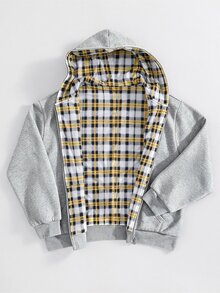 SHEIN 青少年男孩休閒格紋素色雙面可穿連帽秋季外套，正反兩面皆可穿 - 灰色 - 查看 6