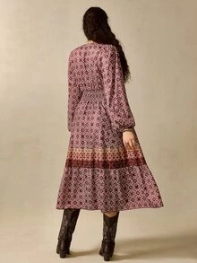 Nubod Plus Size Bohemian Style Cinched Waist Ruffle Full Skirt Dress Fall - Multicolor - View 2