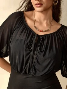Nubod Plus Size Women's Solid Color Front Tie Short Sleeve Cinched Waist Top - Black - View 7