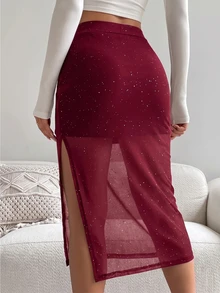 SHEIN Glamour 酒紅色亮片網紗裙，高腰貼身側開衩設計，顯瘦優雅性感，適合約會、Ibiza夜店、派對、夜晚穿著的夏季女裝 - 酒紅色 - 查看 3